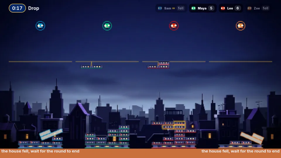 Tower: four players drop floors onto their towers over a night skyline